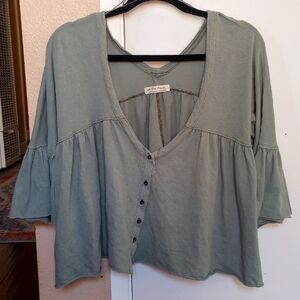 Free People Light Turquoise Flutter Sleeve Blouse